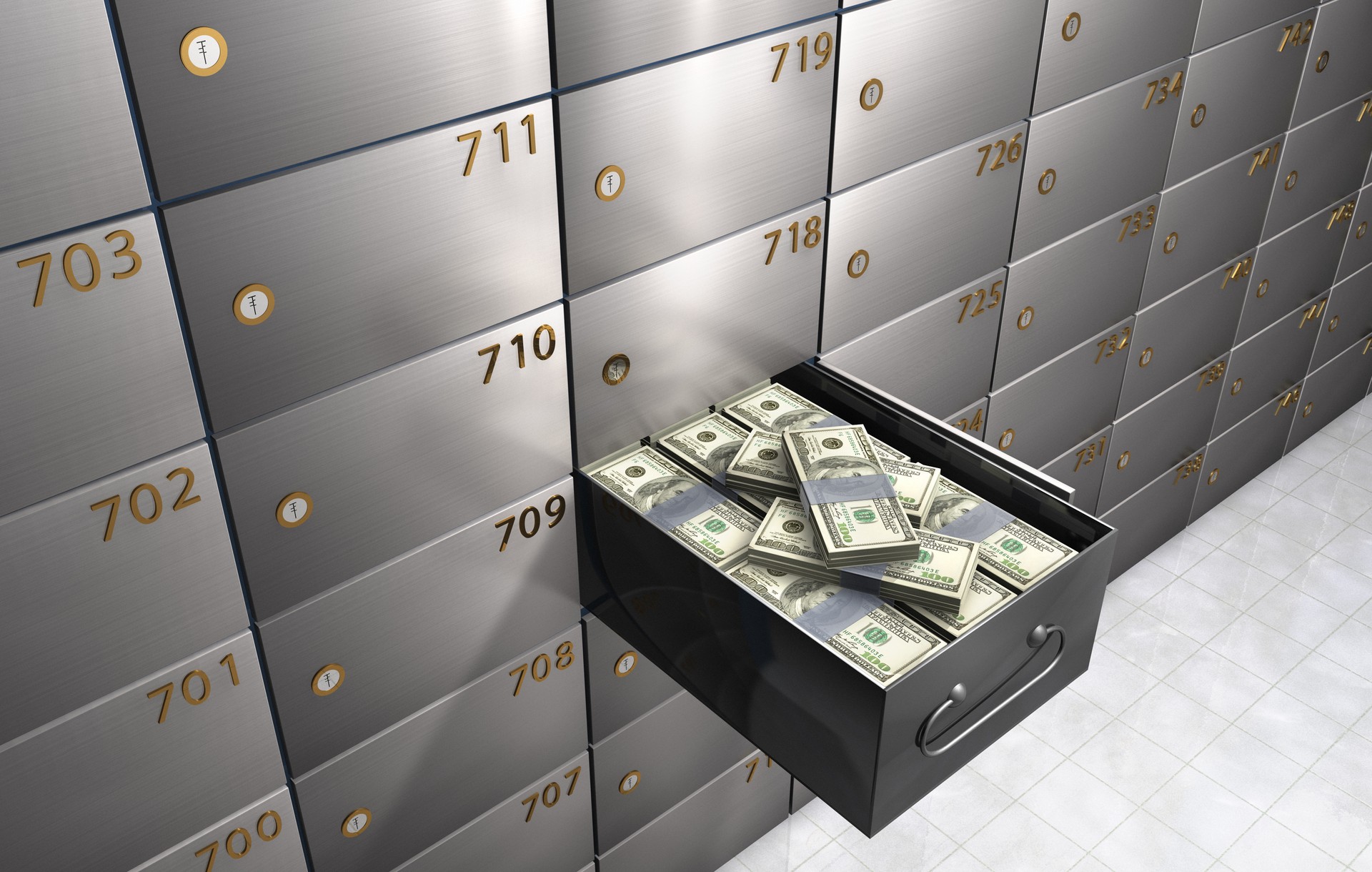 Bank safety deposit box full of money